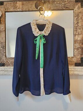 Navy Blouse with Embellished Collar & Green Bow